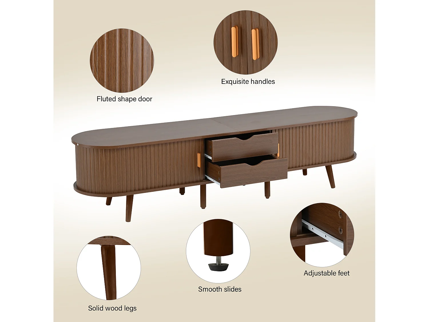 175 cm breed tv-meubel met schuifdeur van rotan, walnootlook, lades en gouden accenten, hout