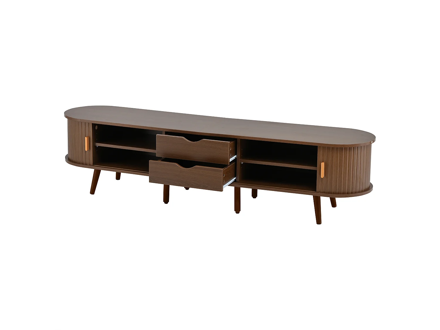 175 cm breed tv-meubel met schuifdeur van rotan, walnootlook, lades en gouden accenten, hout