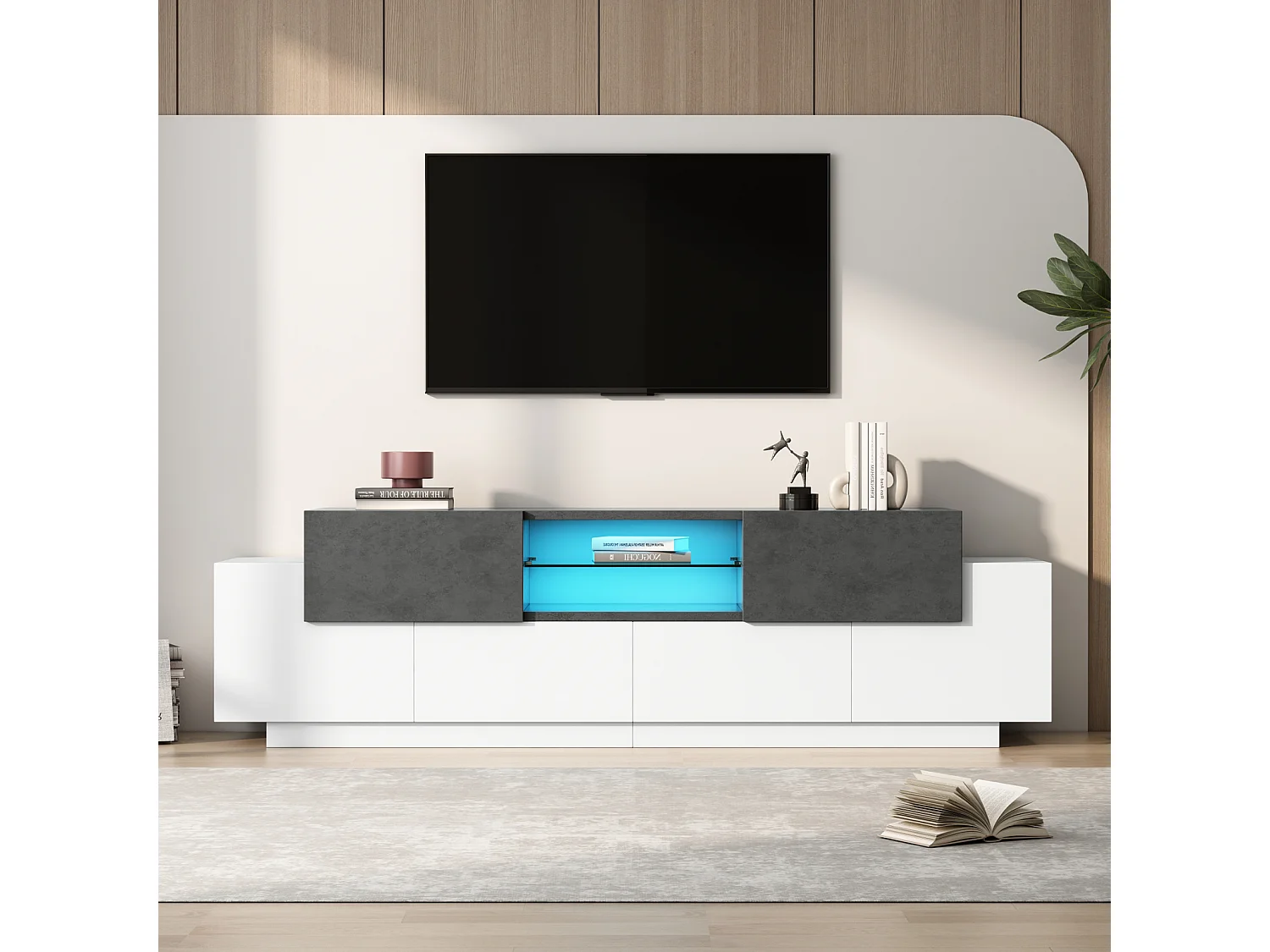 Meuble TV LED avec 4 Portes étagères en Verre Ouvertes 1 tiroir Commode TV, Blanc + Gris
