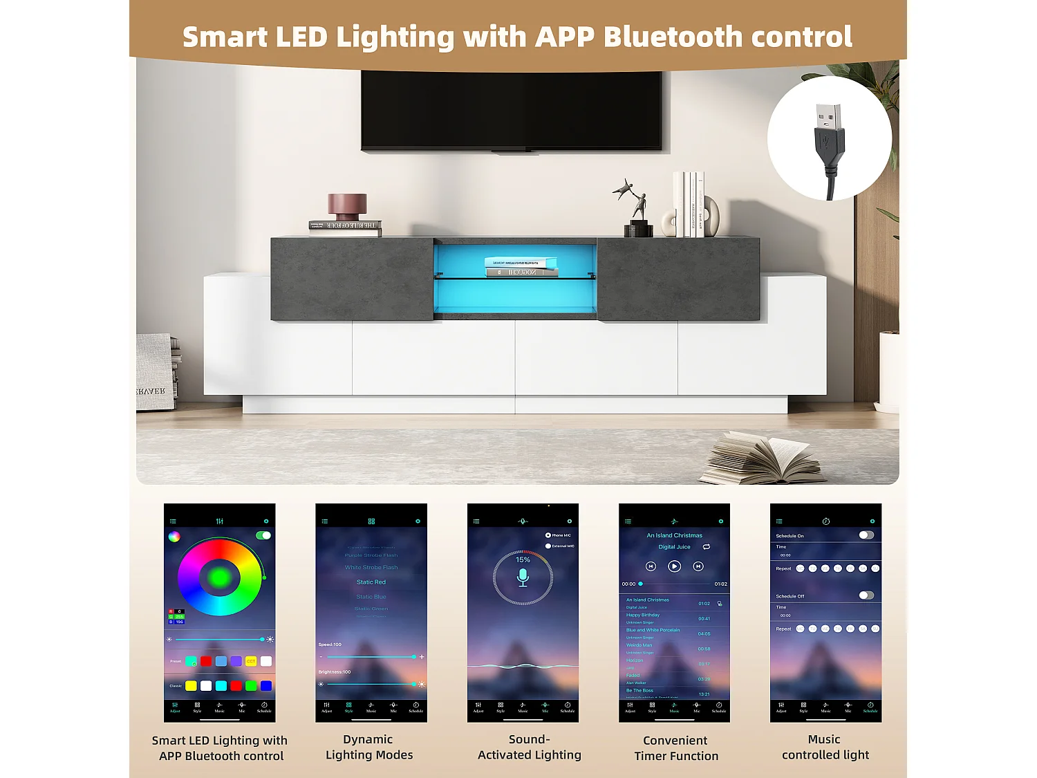 Meuble TV LED avec 4 Portes étagères en Verre Ouvertes 1 tiroir Commode TV, Blanc + Gris
