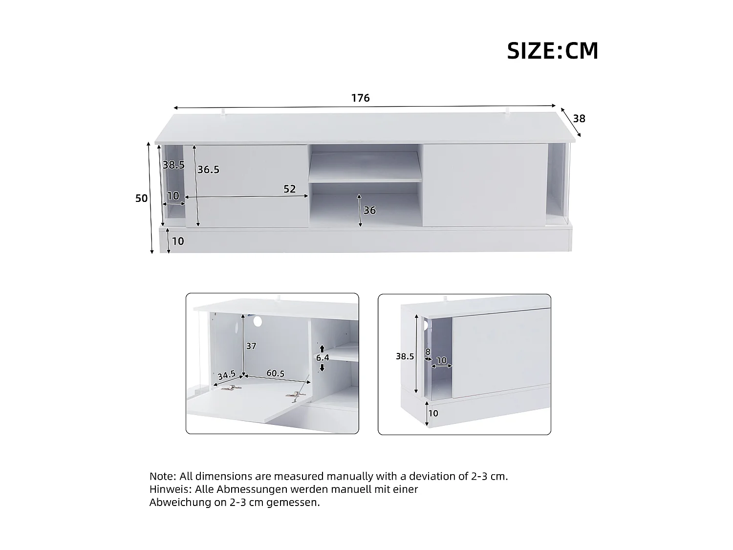 Meuble TV bas brillant de 160 cm avec fonction de rangement LED et 2 portes d'armoire - Blanc