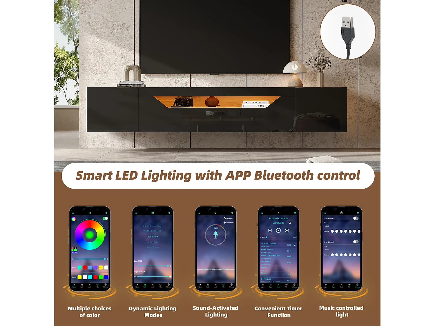 Mueble de TV colgante de bajo brillo con LED - Puerta plegable - Estante de pared de 180 cm - Negro