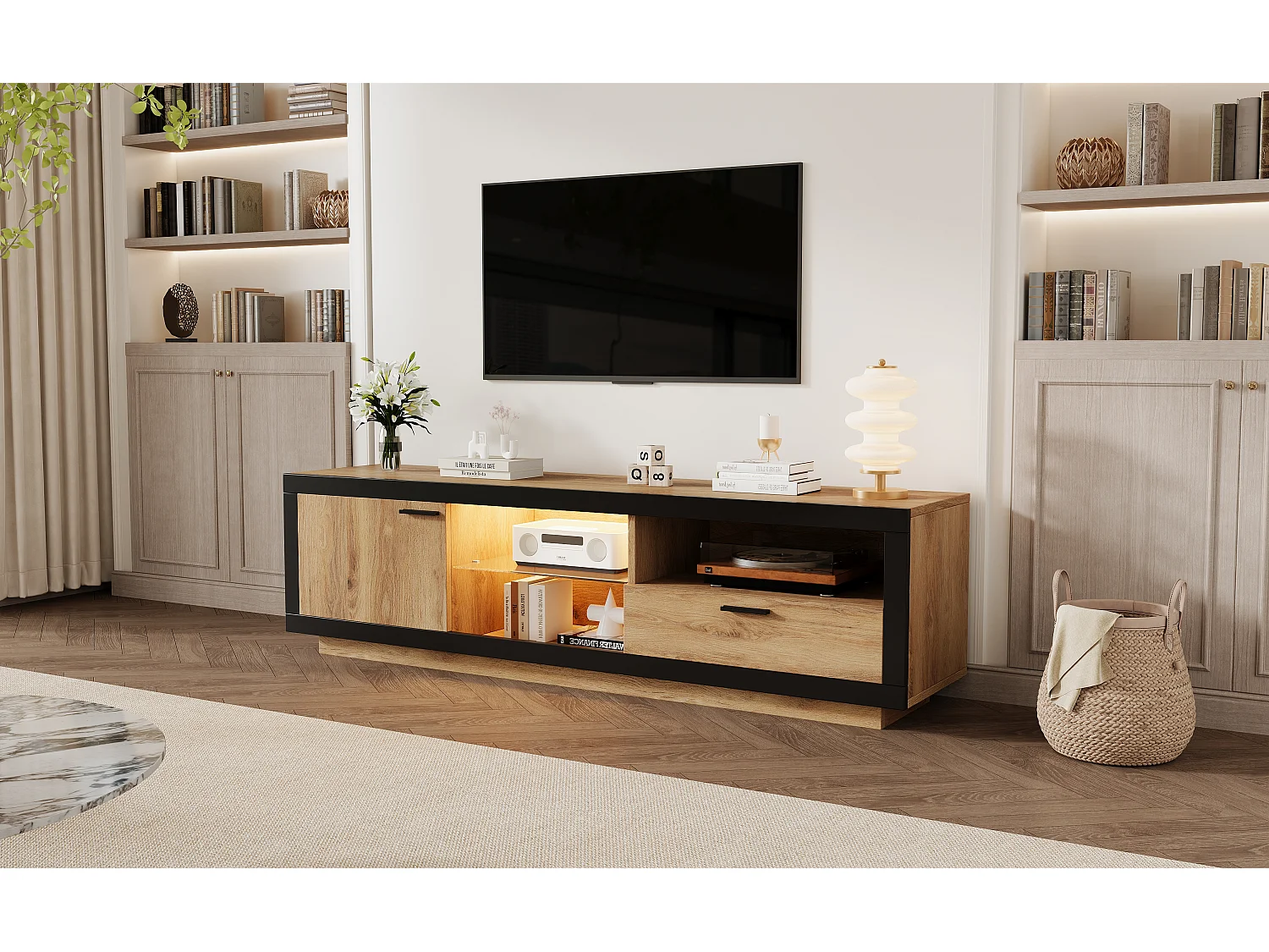 Meuble TV LED 160 * 40 * 50cm, Moderne Lowboard Rangement, Console TV avec Étagères en Verre, Noir