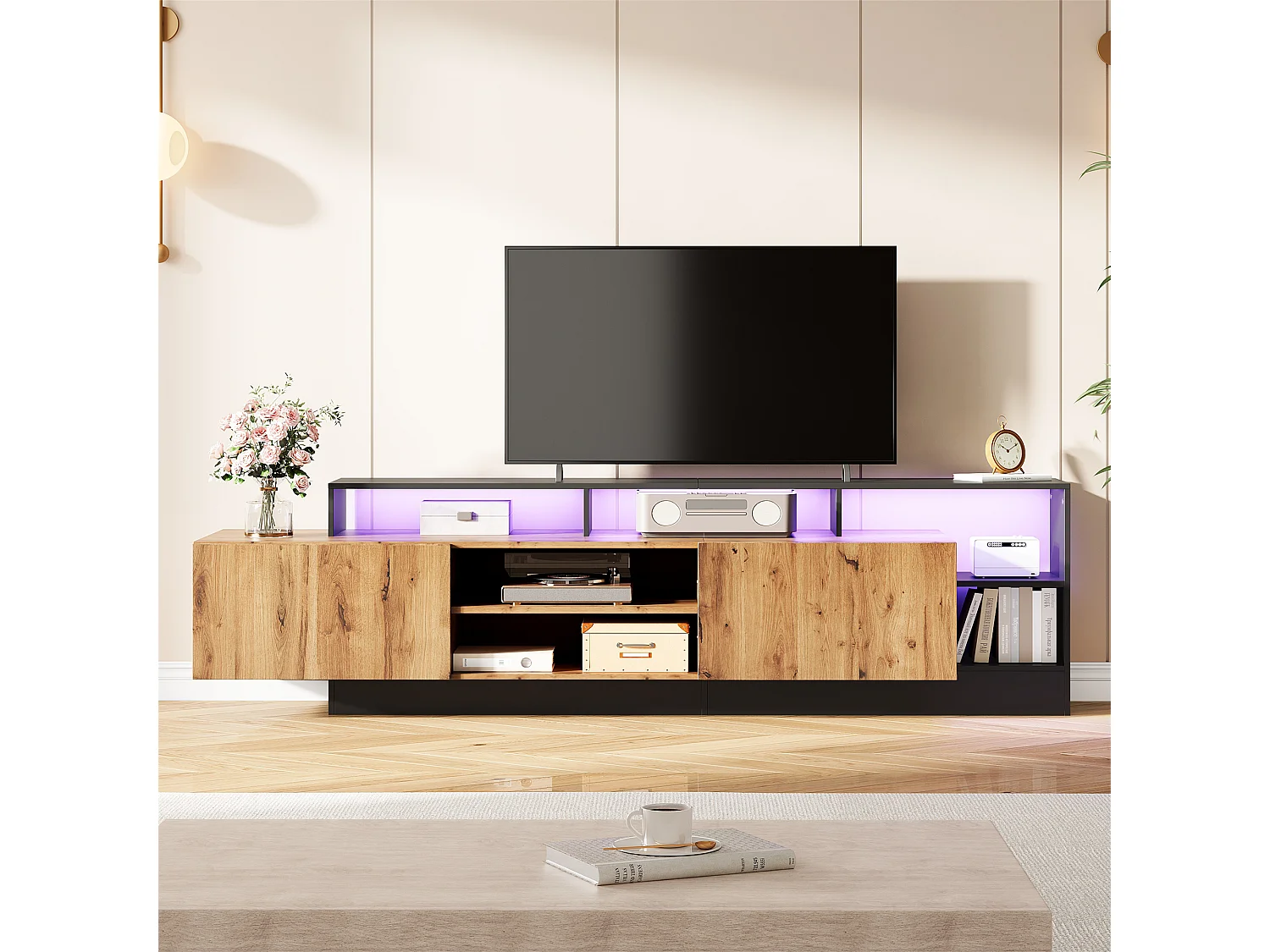Meuble TV 190cm, Moderne Banc TV avec Lumières LED, 2 Portes e Compartiment Rangement Ouvert, Noir