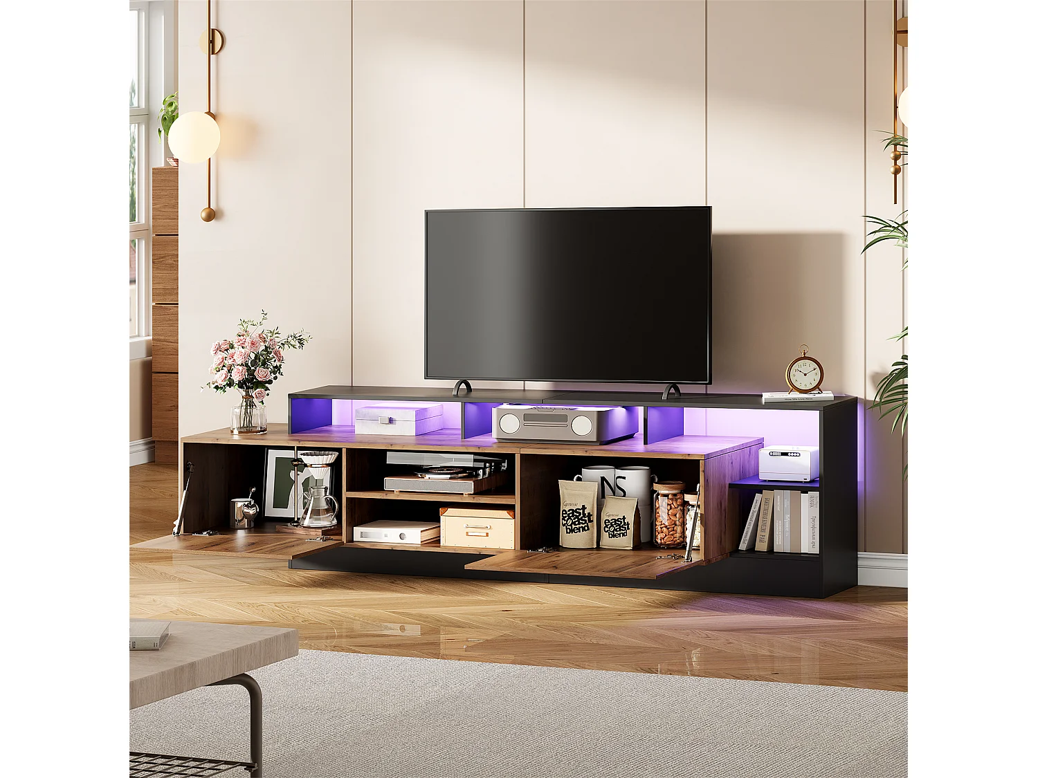 Meuble TV 190cm, Moderne Banc TV avec Lumières LED, 2 Portes e Compartiment Rangement Ouvert, Noir