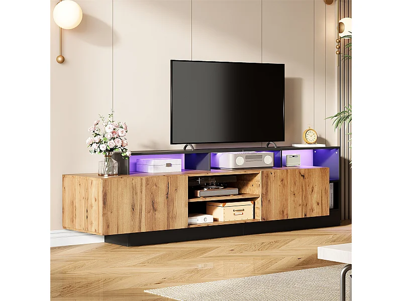 Suporte de TV de 190 cm, moderno banco de TV com luzes LED, 2 portas e compartimento de armazenamento aberto, preto