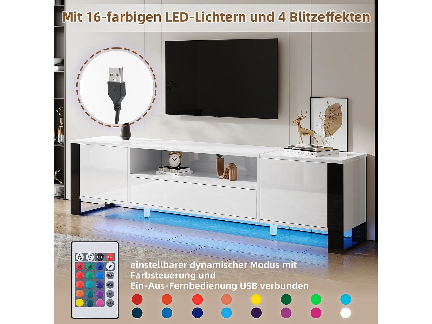 Mueble de TV moderno y brillante de 178 cm con iluminación LED, mueble de TV con espacio de almacenamiento, blanco