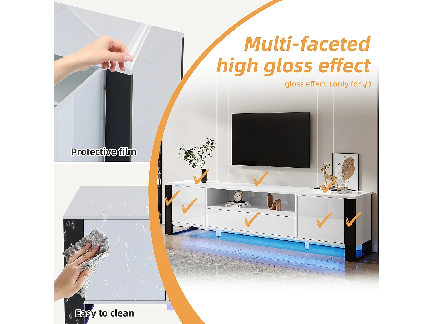 Mueble de TV moderno y brillante de 178 cm con iluminación LED, mueble de TV con espacio de almacenamiento, blanco