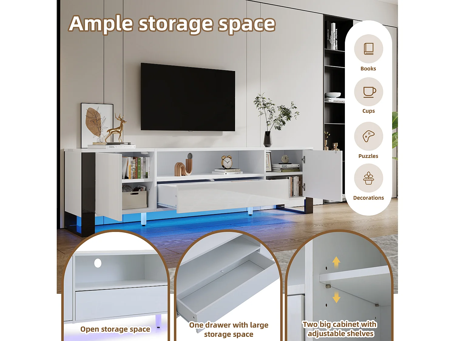 Mueble de TV moderno y brillante de 178 cm con iluminación LED, mueble de TV con espacio de almacenamiento, blanco