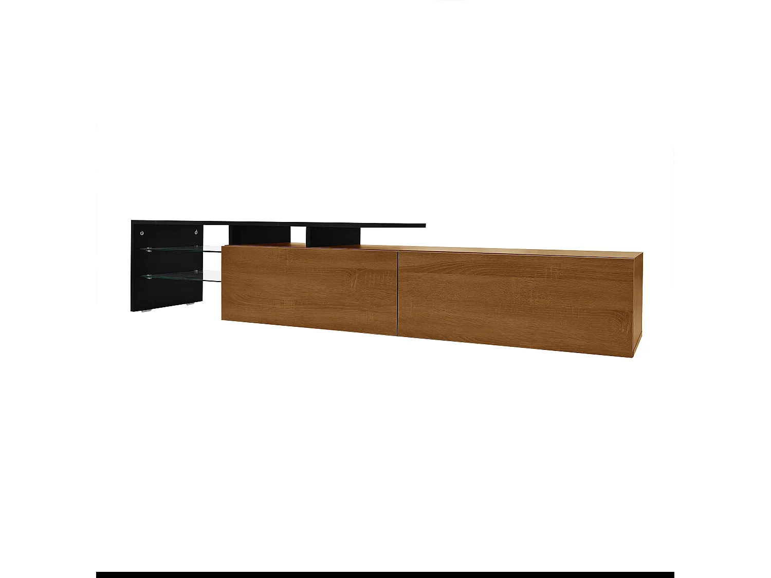 Meuble TV Moderne avec LED, Commode avec Rangement , étagères en Verre, 170x33x33.5cm, Noir et Bois