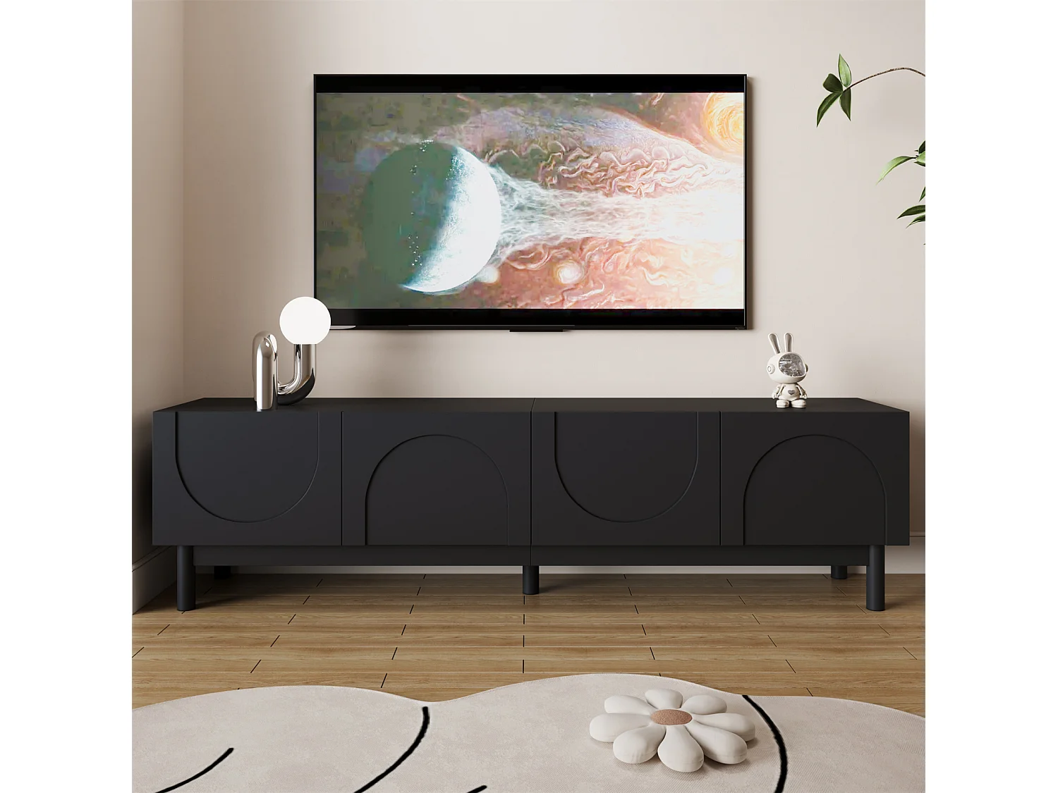Mueble de TV negro con 4 puertas, unidad de almacenamiento con divisores ajustables