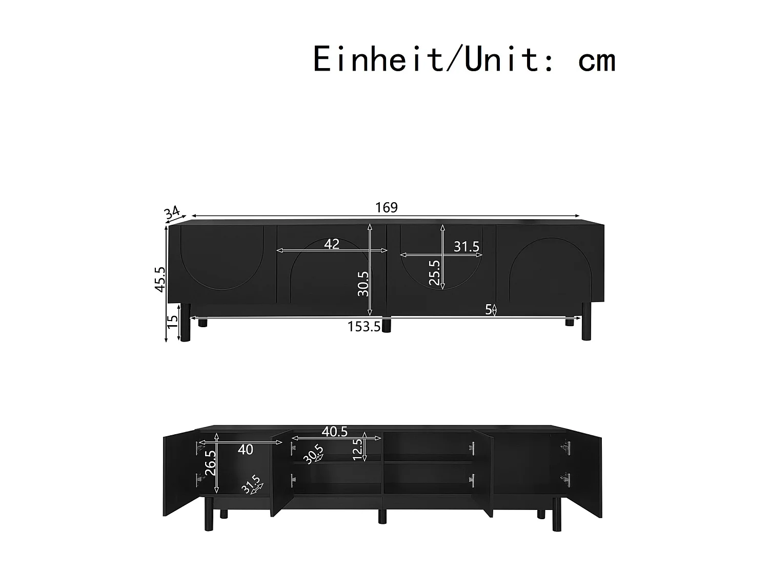 Mueble de TV negro con 4 puertas, unidad de almacenamiento con divisores ajustables