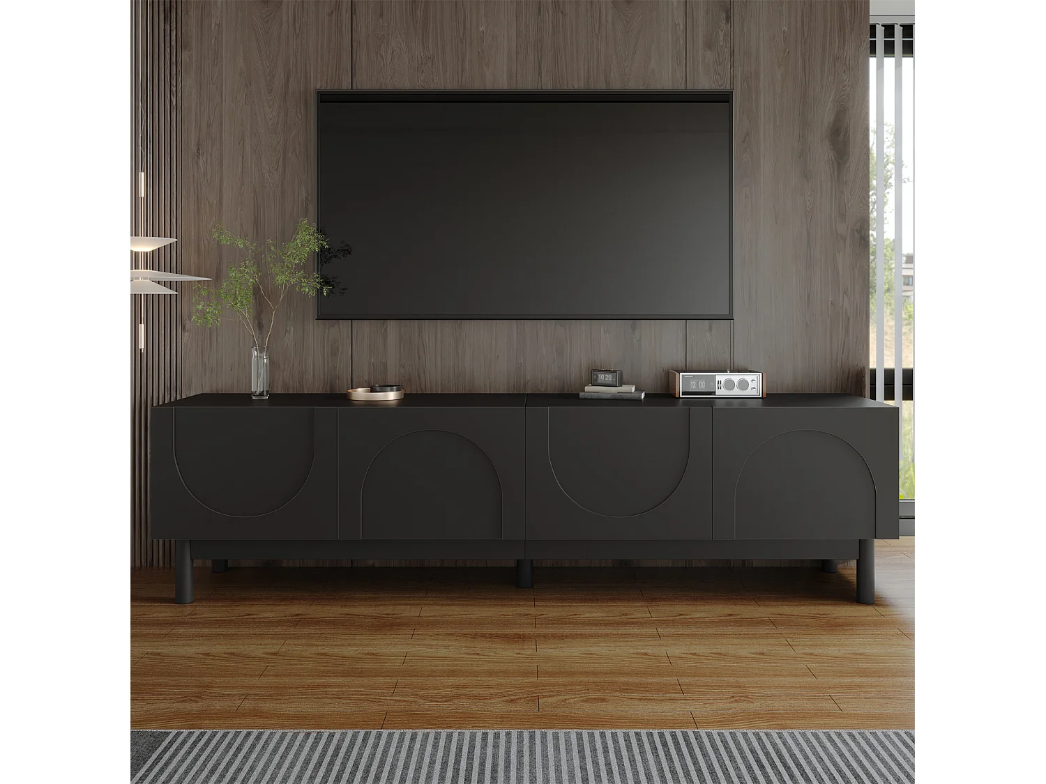 Mueble de TV negro con 4 puertas, unidad de almacenamiento con divisores ajustables