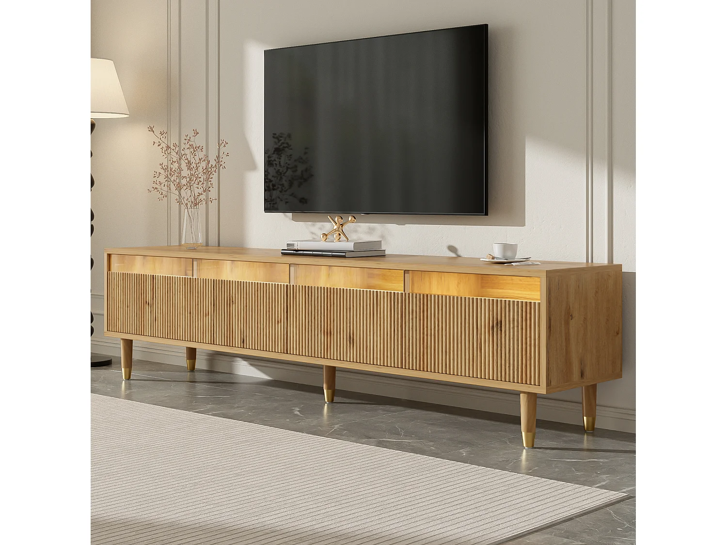 Meuble TV Moderne Aspect Bois 178 cm – Design Minimaliste, Grand Rangement, 4 tiroirs, Bois