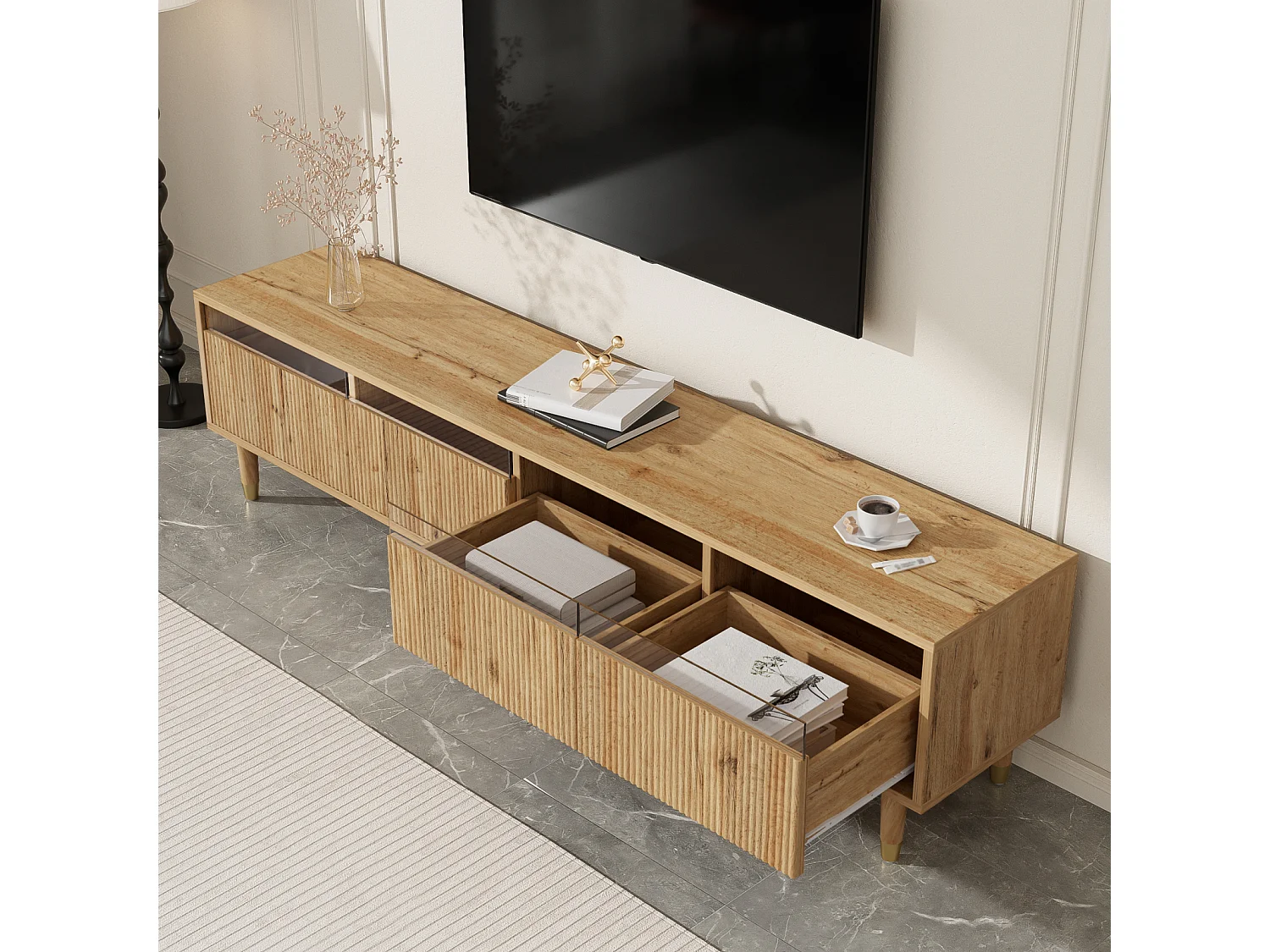 Meuble TV Moderne Aspect Bois 178 cm – Design Minimaliste, Grand Rangement, 4 tiroirs, Bois