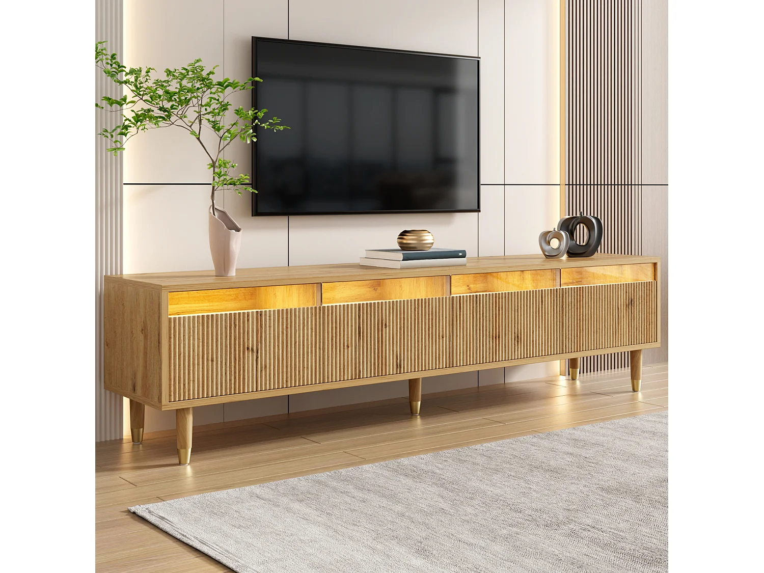 Meuble TV Moderne Aspect Bois 178 cm – Design Minimaliste, Grand Rangement, 4 tiroirs, Bois