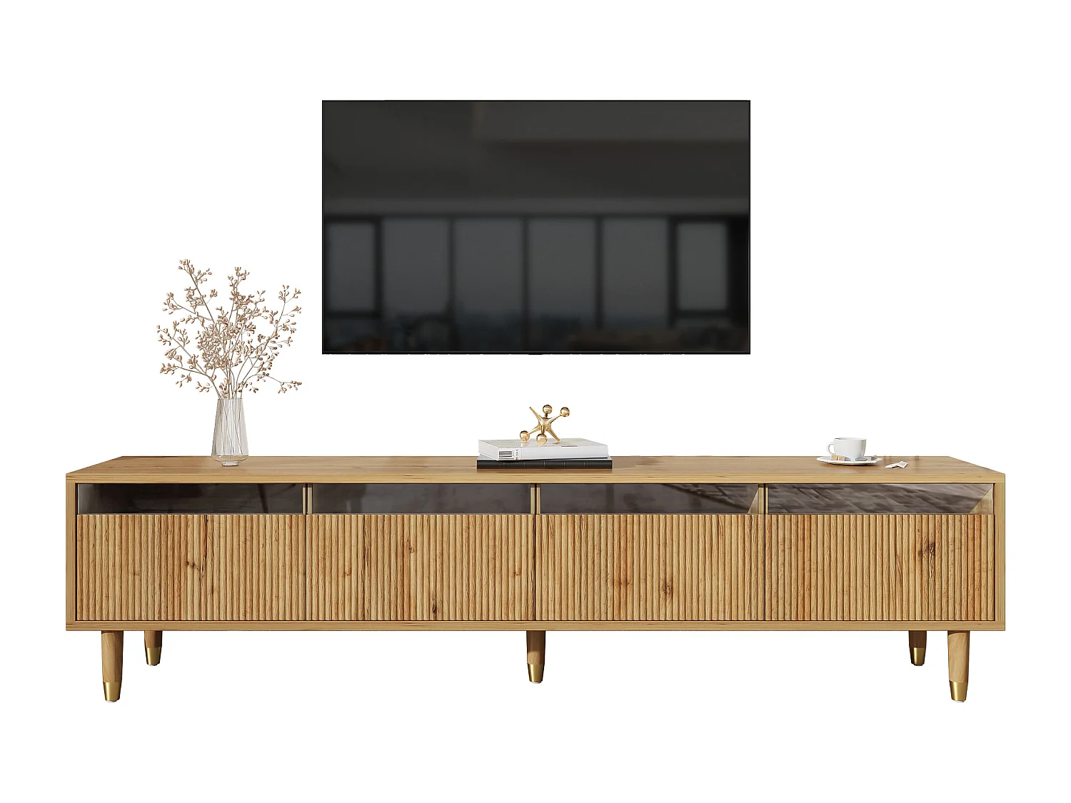 Meuble TV Moderne Aspect Bois 178 cm – Design Minimaliste, Grand Rangement, 4 tiroirs, Bois
