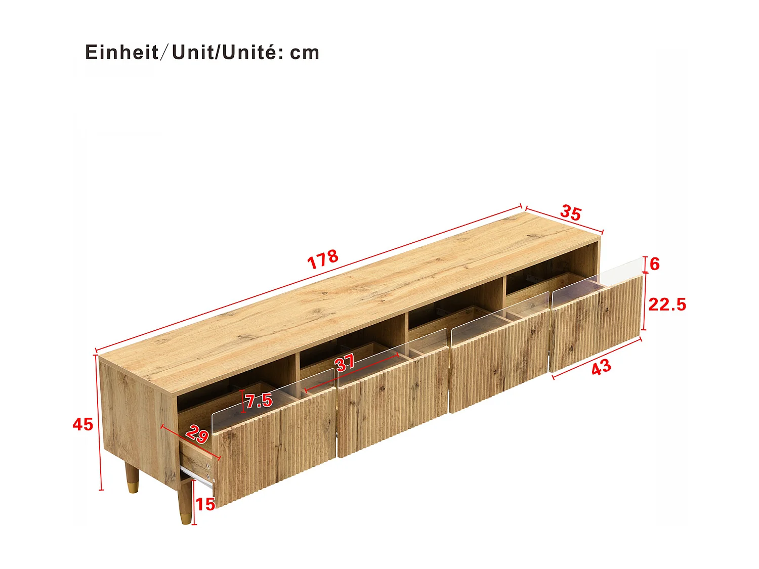 Meuble TV Moderne Aspect Bois 178 cm – Design Minimaliste, Grand Rangement, 4 tiroirs, Bois