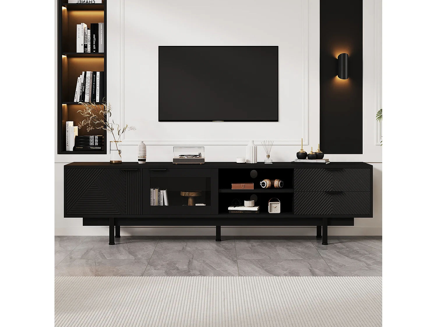 Meuble TV bohème avec espace de rangement, portes d'armoire minimalistes, 200 x 40 x 51 cm, Noir