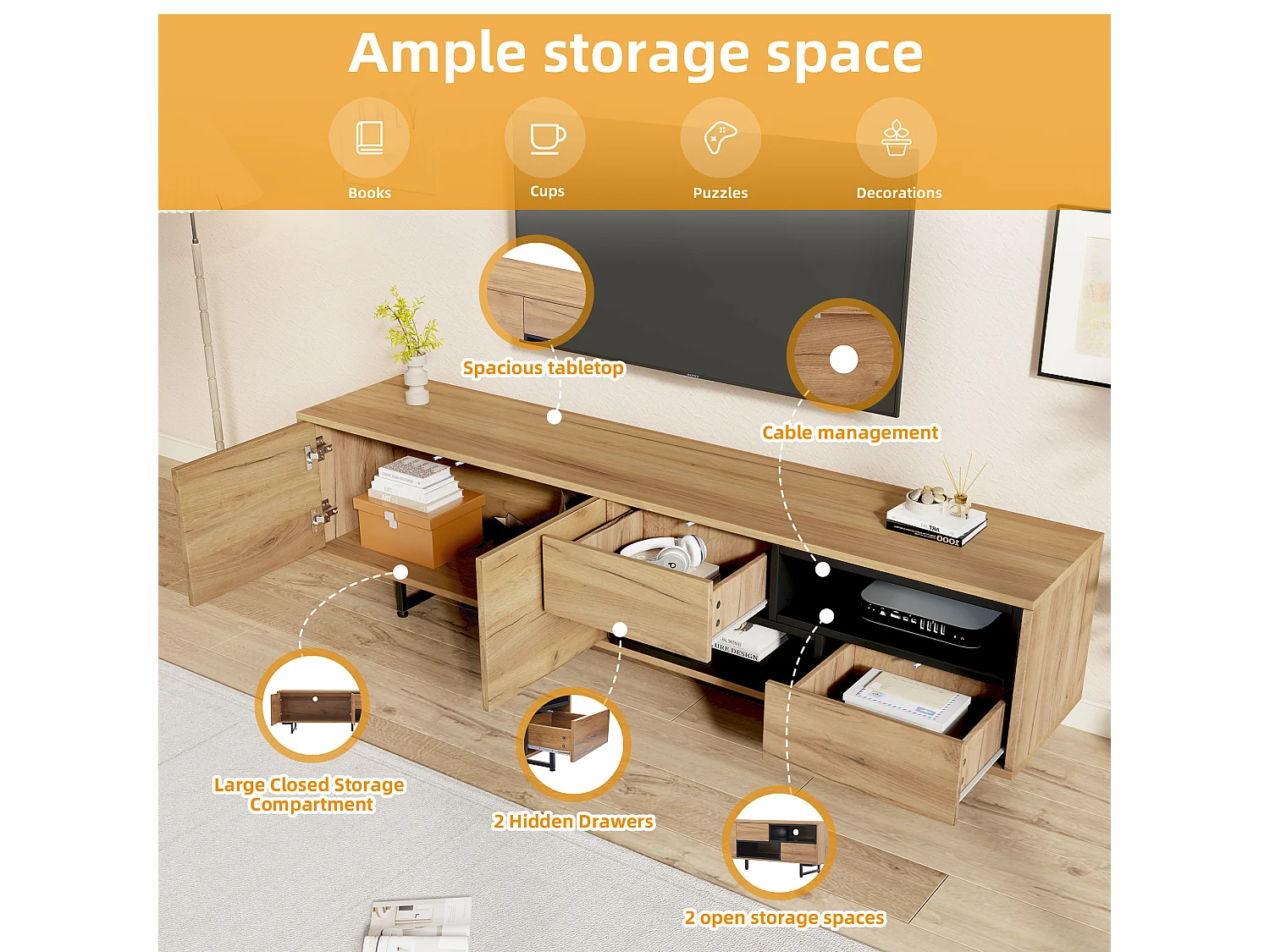 Meuble TV 170 Bois, 2 Portes & 2 Tiroirs & 2 Compartiments, Meuble Télé Longueur de Salon Bas