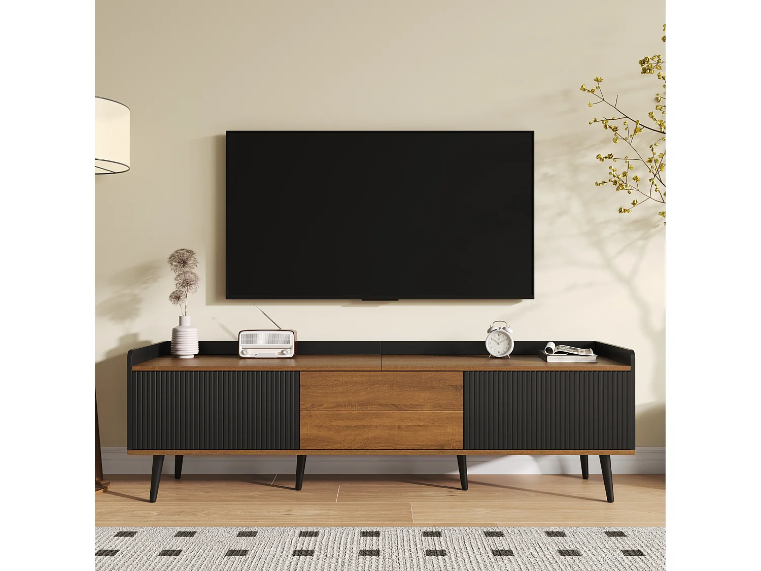 Meuble TV Moderne avec 3 Portes, Meuble Bas Finition Noire et Bois Naturel, 160x39x49.5cm