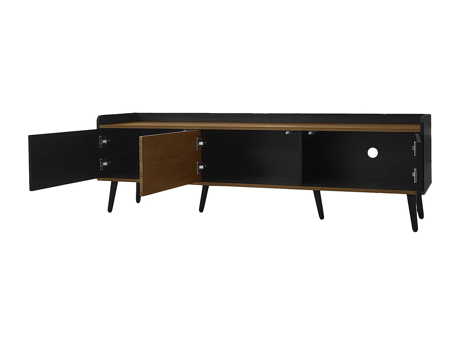 Meuble TV Moderne avec 3 Portes, Meuble Bas Finition Noire et Bois Naturel, 160x39x49.5cm