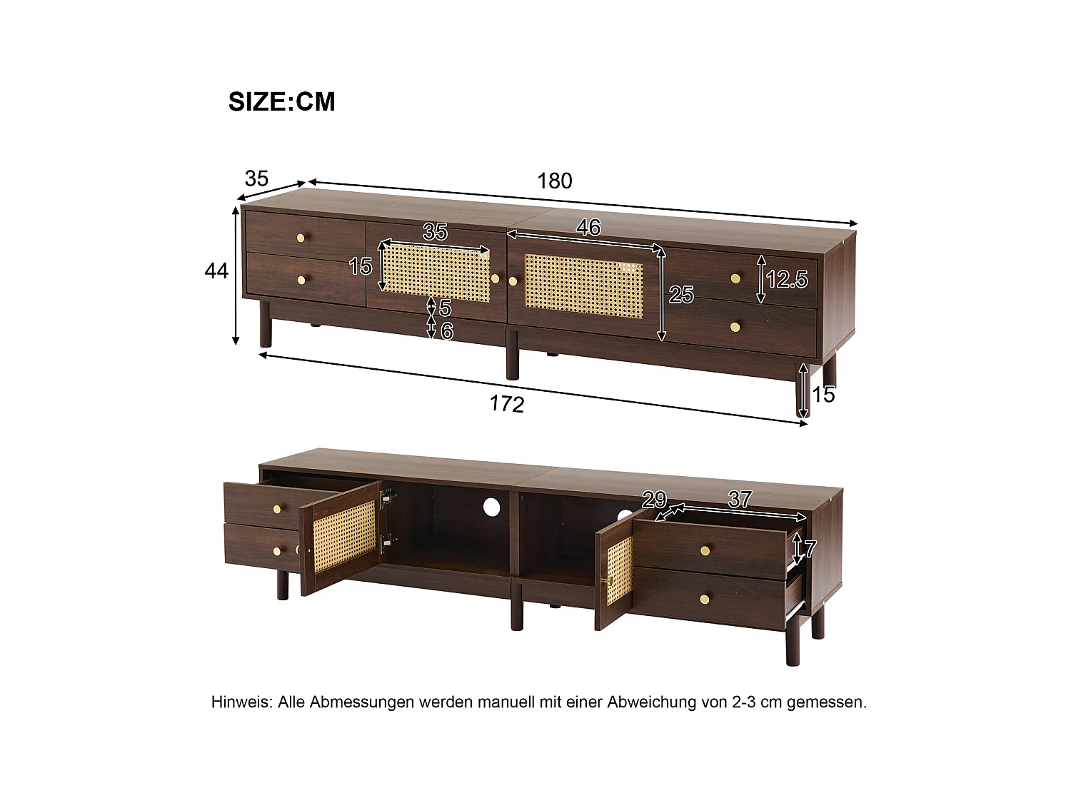 Mueble de TV de 180 cm, de ratán y madera, con 4 cajones y 2 puertas, estilo retro, color marrón.