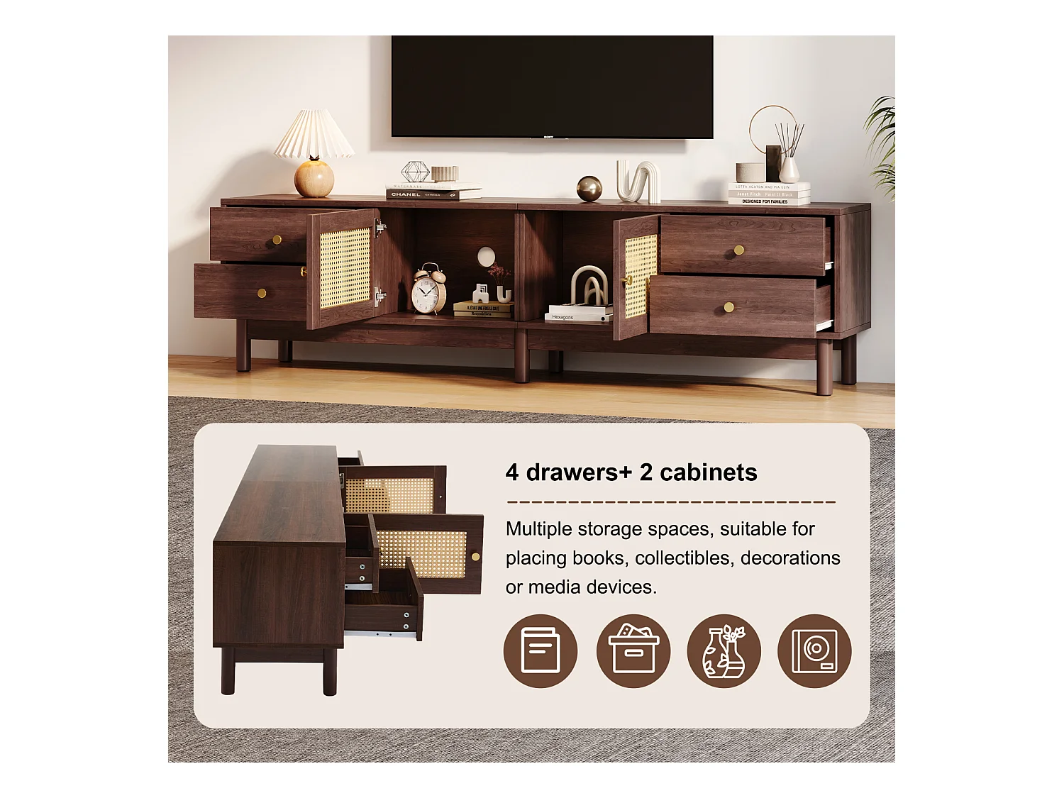 Mueble de TV de 180 cm, de ratán y madera, con 4 cajones y 2 puertas, estilo retro, color marrón.
