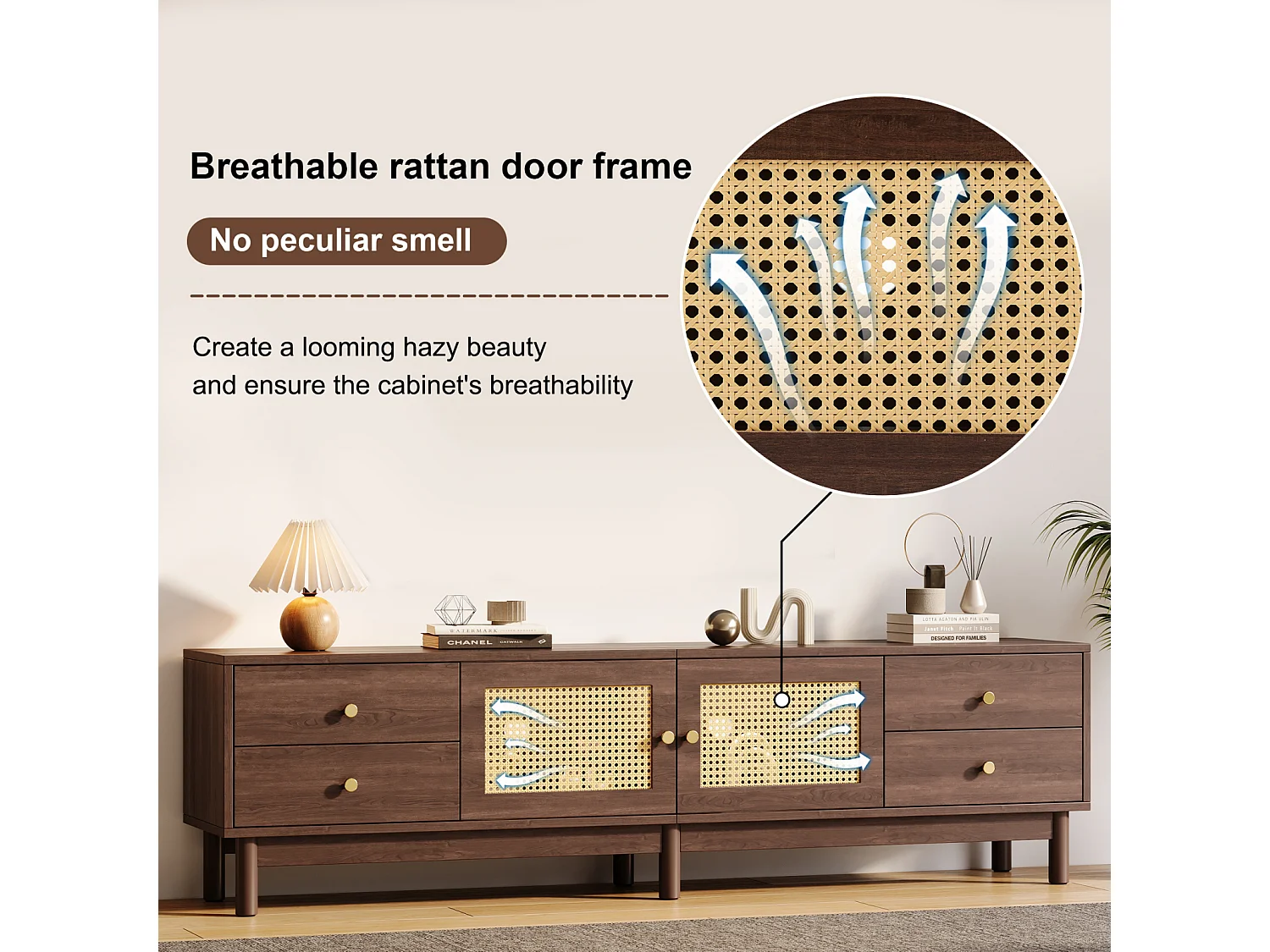 Meuble TV 180cm, Meuble TV en Rotin en Bois, Banc TV avec 4 Tiroirs et 2 Portes, Style Rétro, Marron