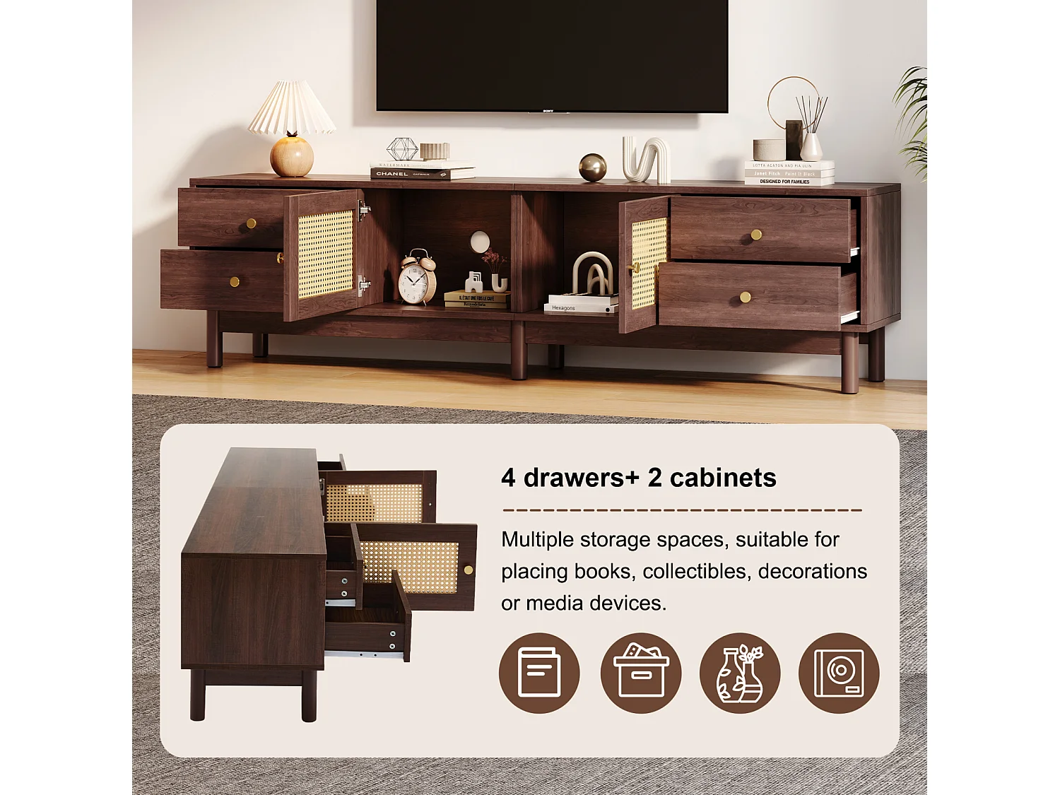 Meuble TV 180cm, Meuble TV en Rotin en Bois, Banc TV avec 4 Tiroirs et 2 Portes, Style Rétro, Marron
