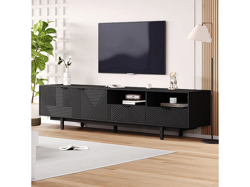 Meuble TV bas avec 2 portes et 2 tiroirs, 2 compartiments et pieds en métal, 200 x 40 x 51 cm, noir