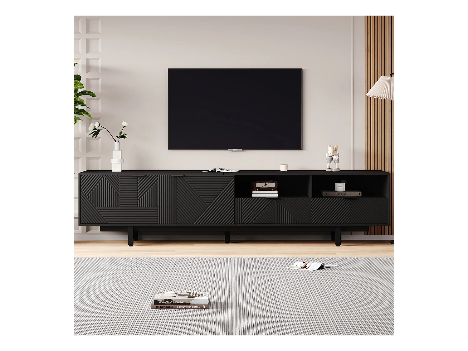 Meuble TV bas avec 2 portes et 2 tiroirs, 2 compartiments et pieds en métal, 200 x 40 x 51 cm, noir