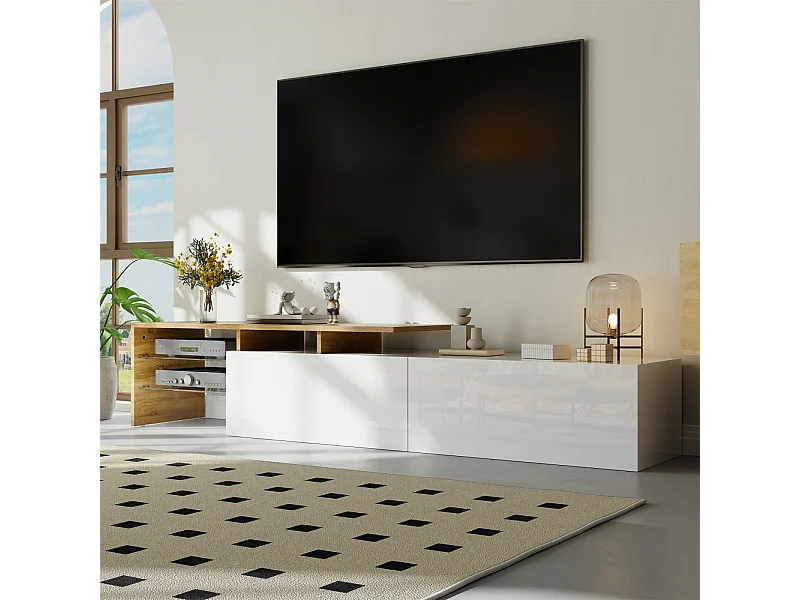 Meuble TV Moderne avec LED, Commode avec Rangement , étagères en Verre, 170x33x33.5cm, Blanc