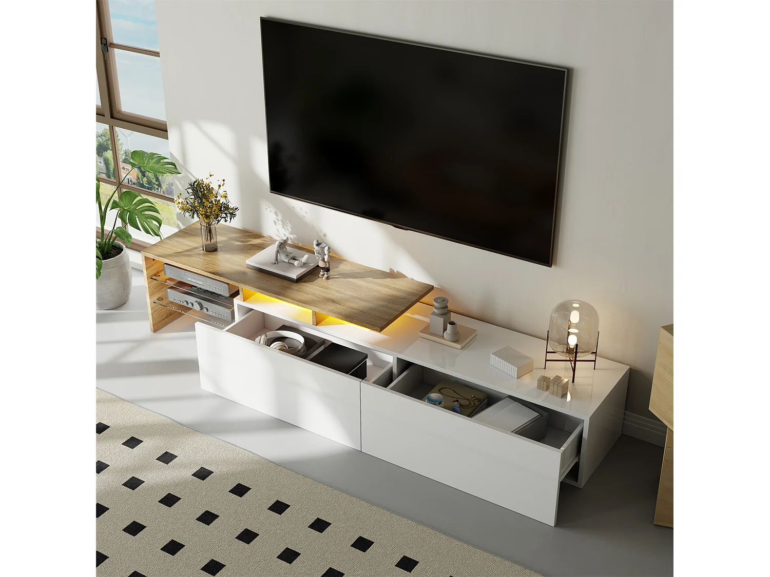 Meuble TV Moderne avec LED, Commode avec Rangement , étagères en Verre, 170x33x33.5cm, Blanc