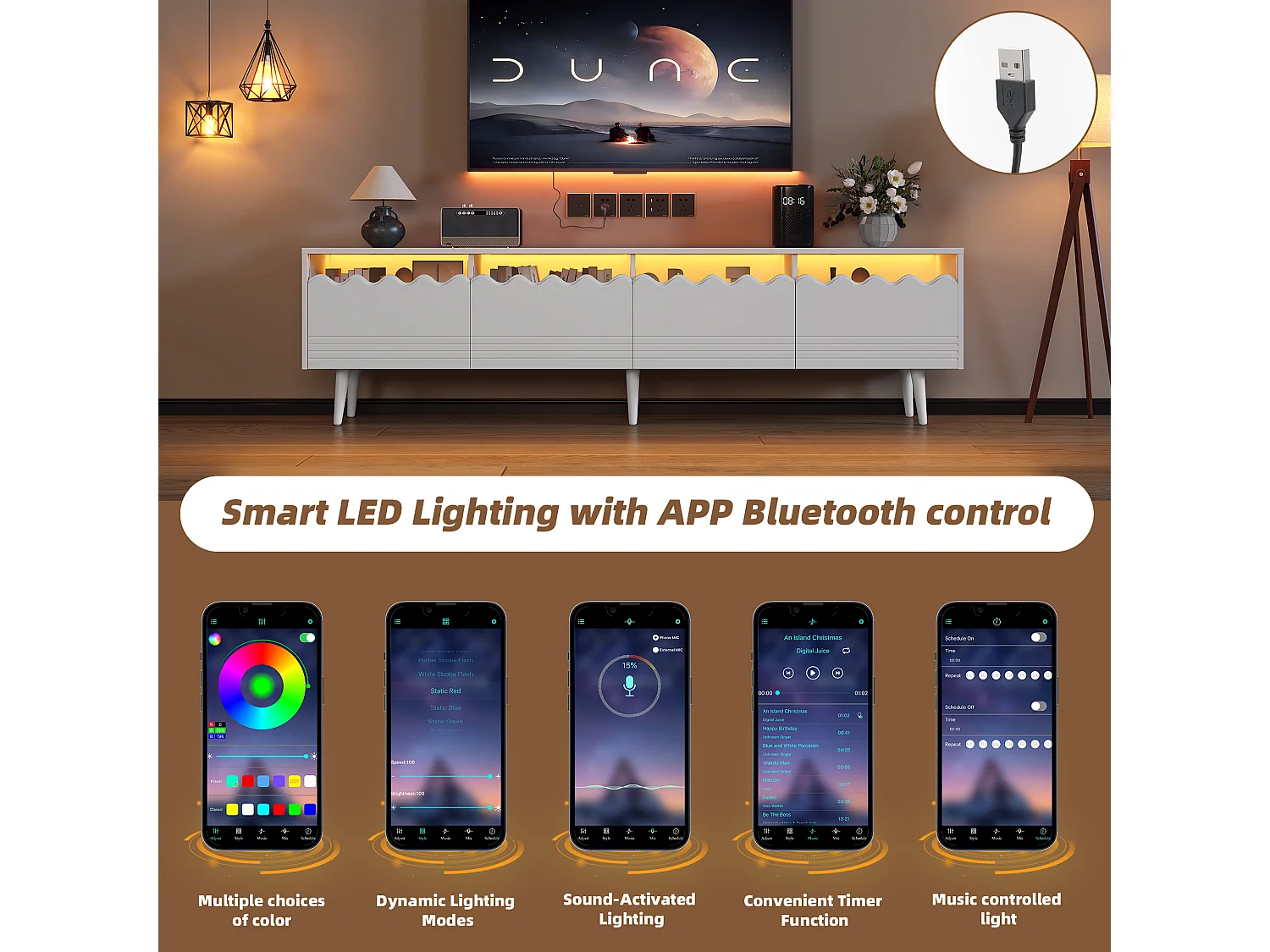 Mueble de TV con iluminación LED - Mueble de TV con 2 puertas y 2 cajones - Blanco - 176 cm