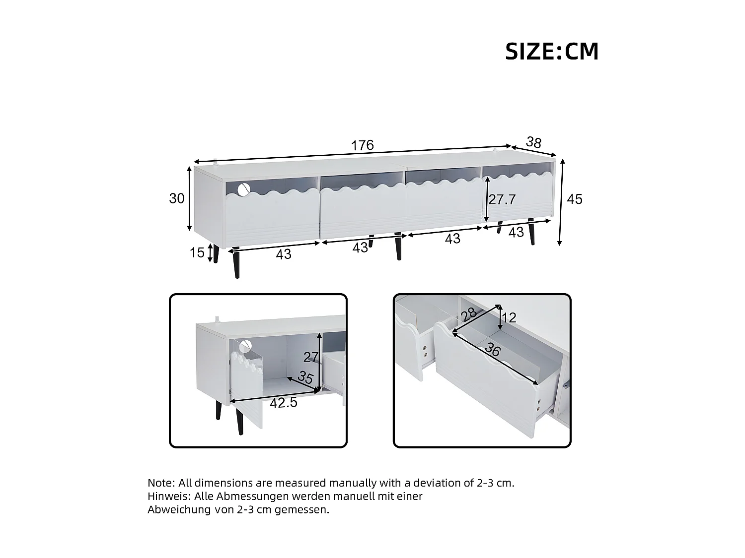 Meuble TV avec éclairage LED - Meuble TV avec 2 portes et 2 tiroirs  - Blanc - 176 cm