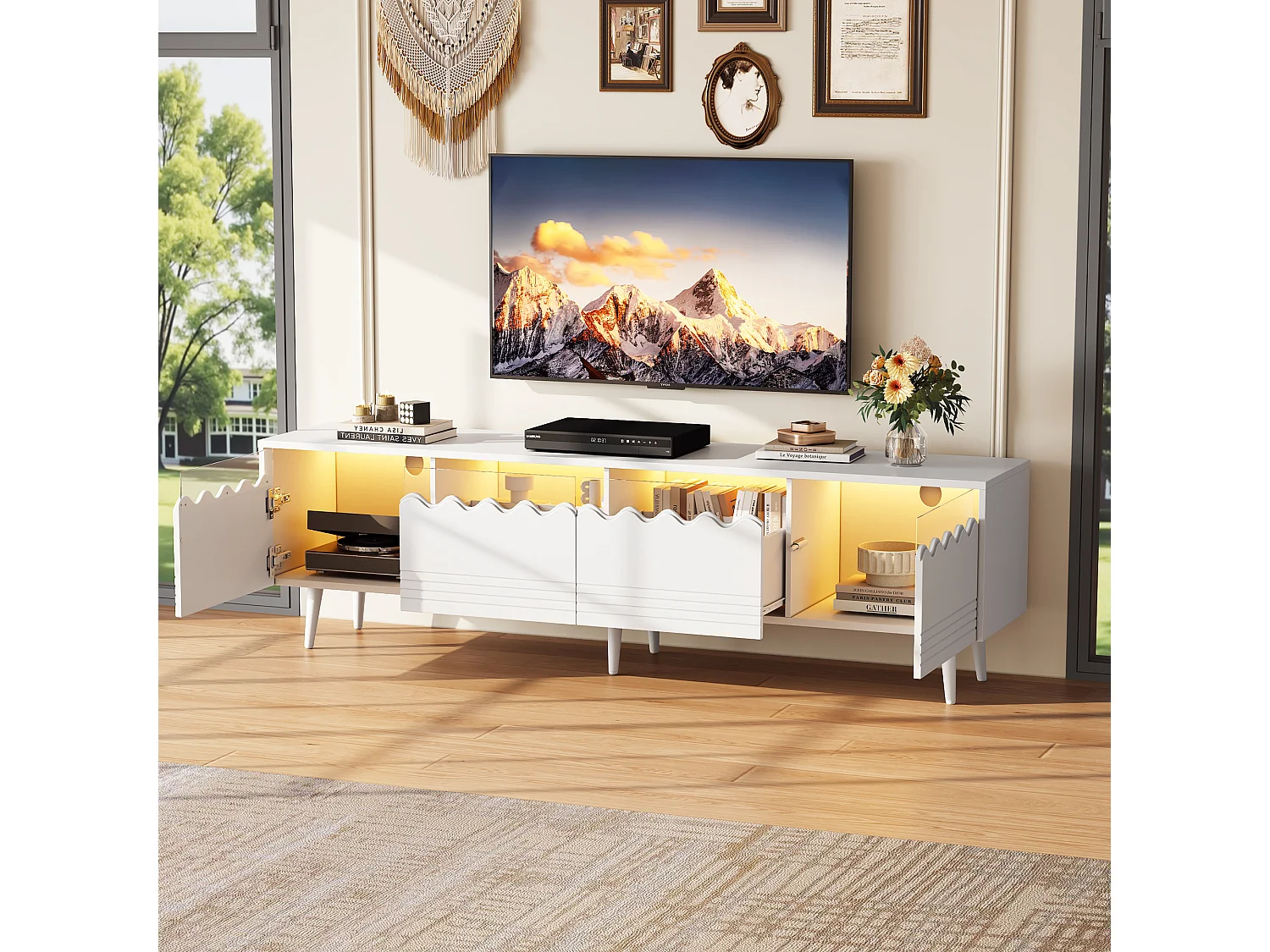 Meuble TV avec éclairage LED - Meuble TV avec 2 portes et 2 tiroirs  - Blanc - 176 cm