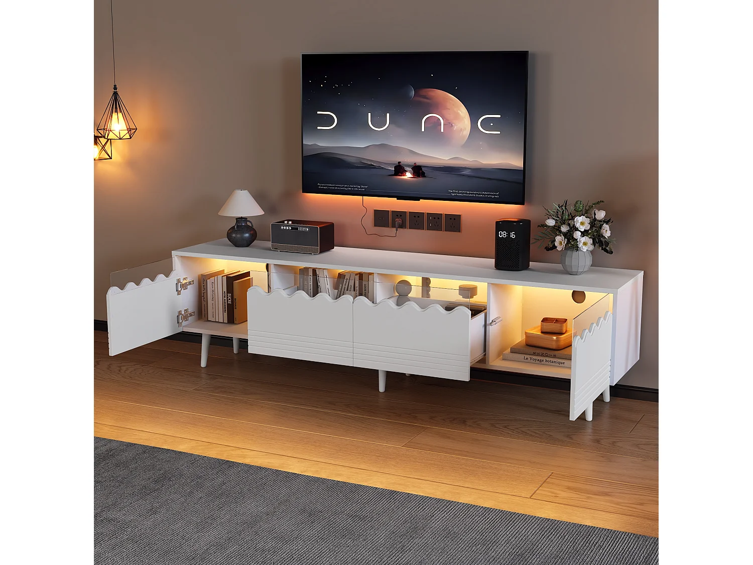 Meuble TV avec éclairage LED - Meuble TV avec 2 portes et 2 tiroirs  - Blanc - 176 cm