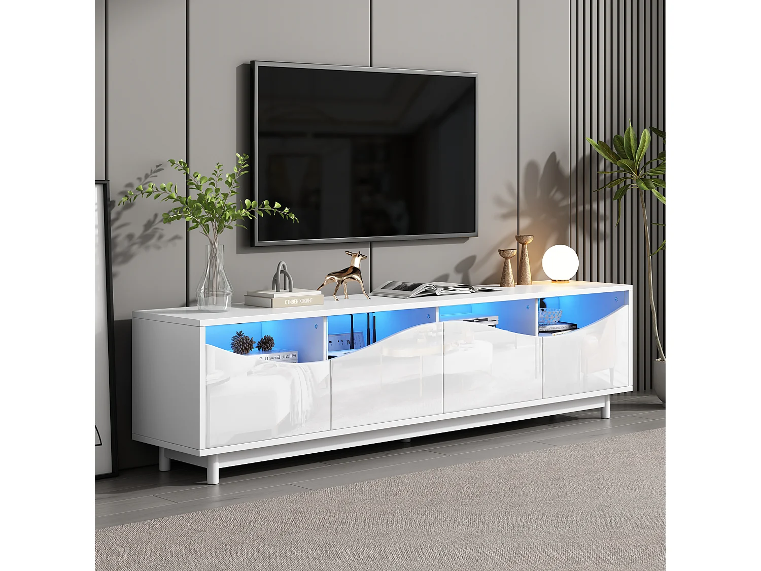 Móvel para TV com iluminação LED, com 4 portas de vidro, portas com design curvo, 175x38x51 cm, branco