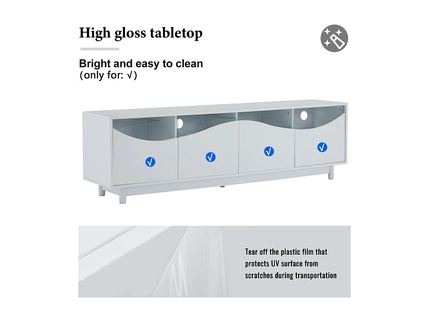 Móvel para TV com iluminação LED, com 4 portas de vidro, portas com design curvo, 175x38x51 cm, branco