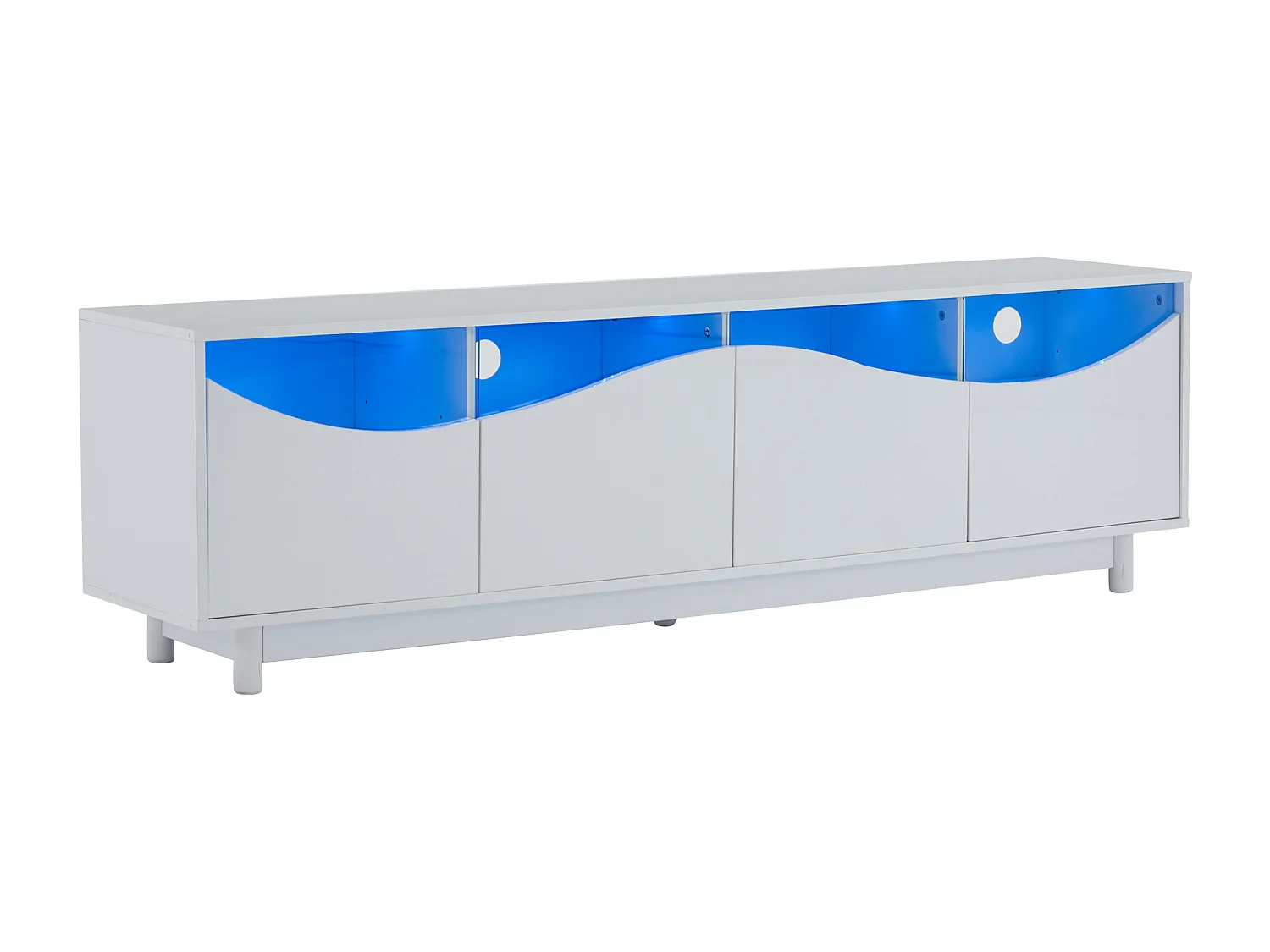 Meuble TV avec Eclairage LED, avec 4 Portes en Verre, Portes Design Incurvées, 175x38x51 cm, Blanc
