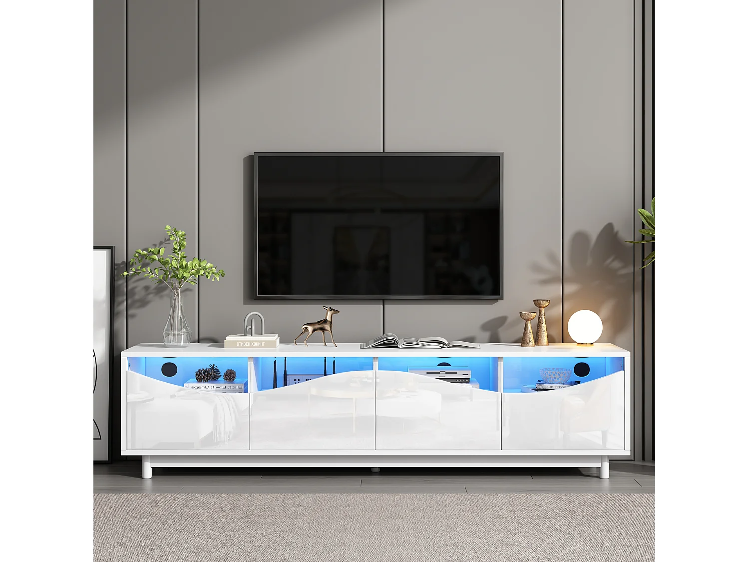 Meuble TV avec Eclairage LED, avec 4 Portes en Verre, Portes Design Incurvées, 175x38x51 cm, Blanc