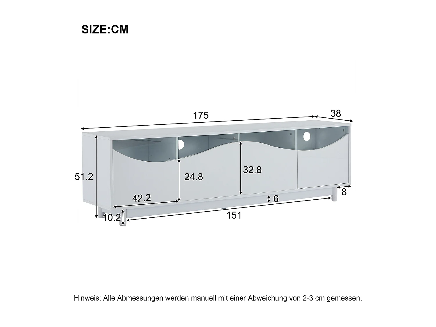 Meuble TV avec Eclairage LED, avec 4 Portes en Verre, Portes Design Incurvées, 175x38x51 cm, Blanc