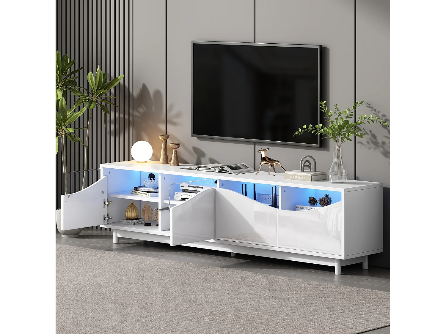 Meuble TV avec Eclairage LED, avec 4 Portes en Verre, Portes Design Incurvées, 175x38x51 cm, Blanc