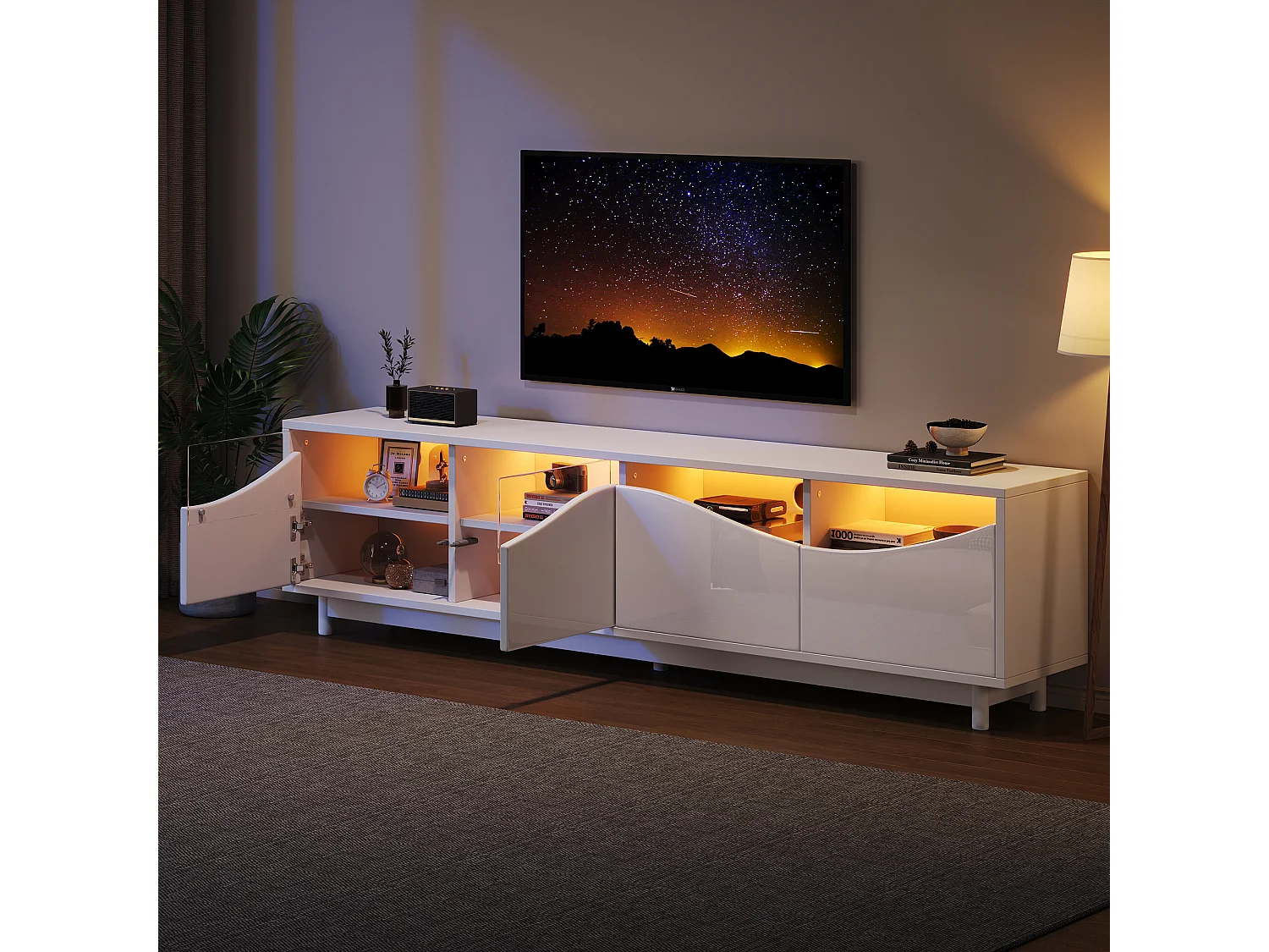 Meuble TV avec Eclairage LED, avec 4 Portes en Verre, Portes Design Incurvées, 175x38x51 cm, Blanc