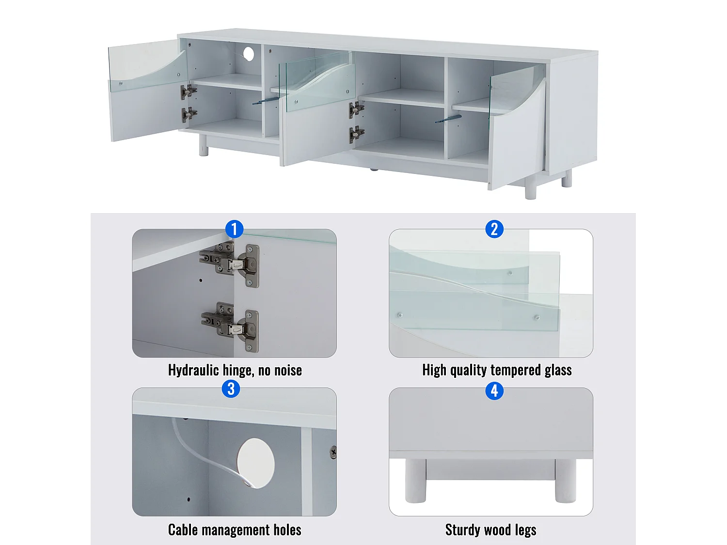 Meuble TV avec Eclairage LED, avec 4 Portes en Verre, Portes Design Incurvées, 175x38x51 cm, Blanc