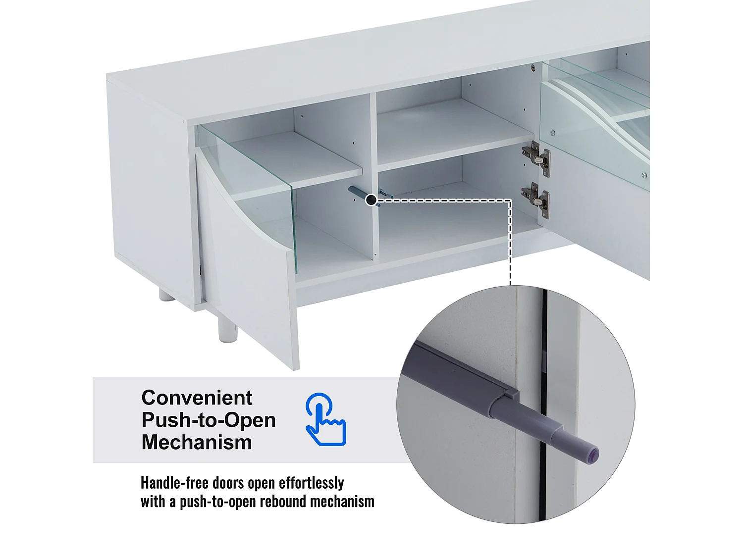 Meuble TV avec Eclairage LED, avec 4 Portes en Verre, Portes Design Incurvées, 175x38x51 cm, Blanc