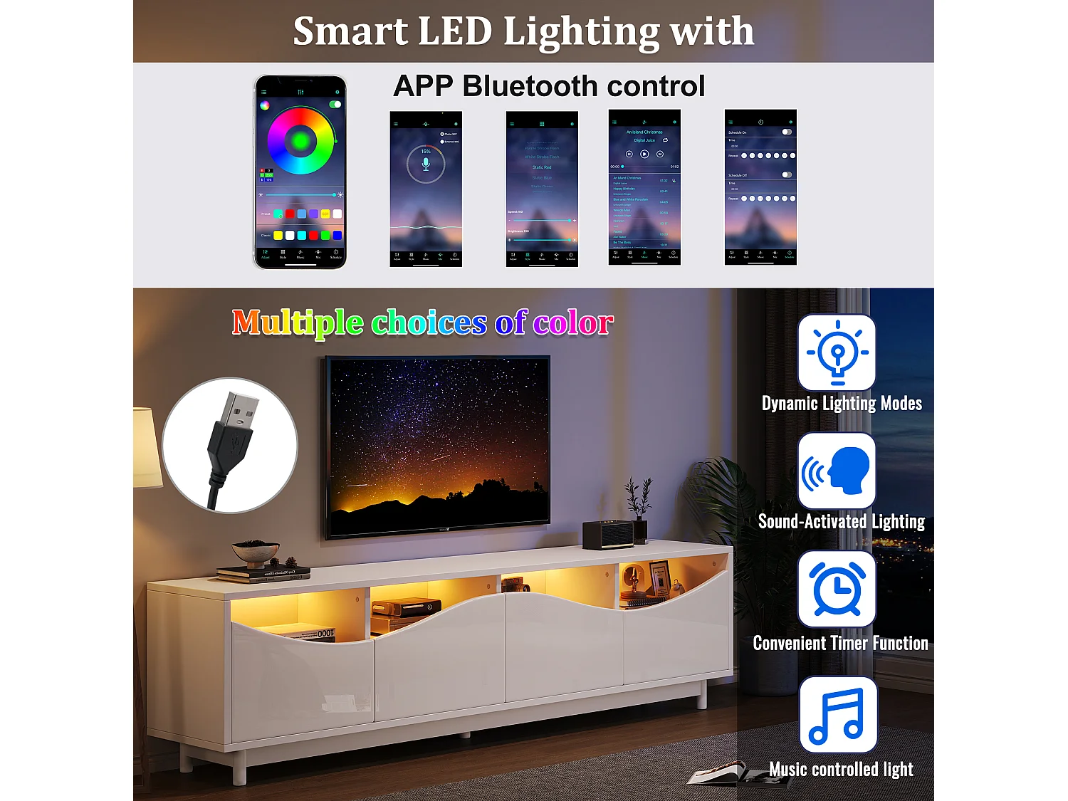 Meuble TV avec Eclairage LED, avec 4 Portes en Verre, Portes Design Incurvées, 175x38x51 cm, Blanc