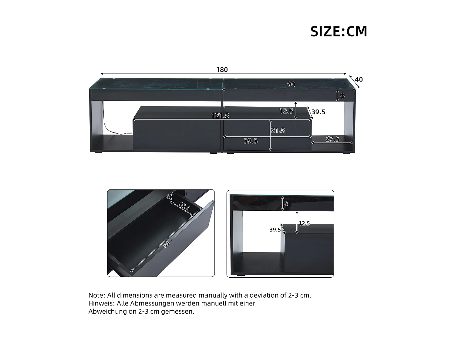 Suporte de TV com iluminação LED - Preto brilhante - Suporte de TV com 2 gavetas - Tampo de vidro