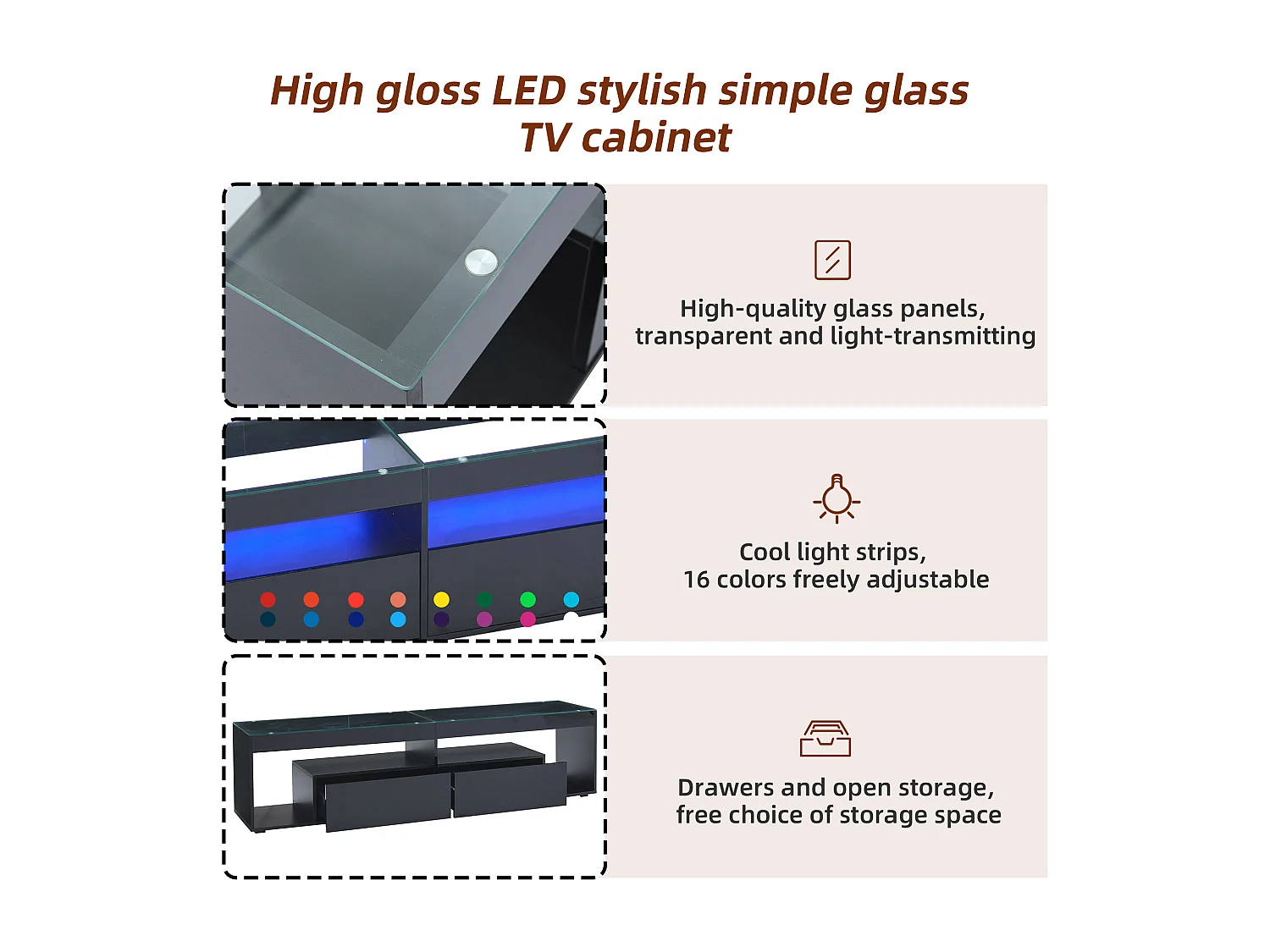 Suporte de TV com iluminação LED - Preto brilhante - Suporte de TV com 2 gavetas - Tampo de vidro